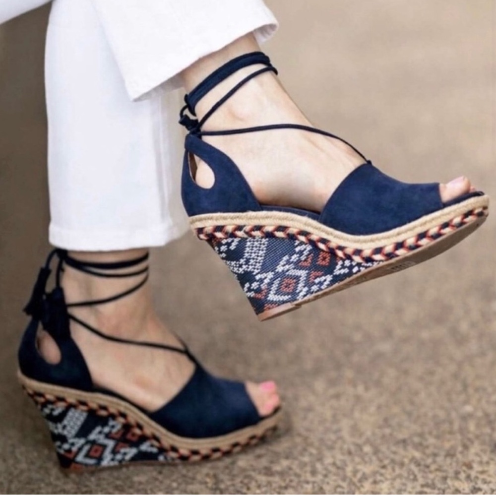 Cabi Isla blue suede wedge espadrille style sandals 6